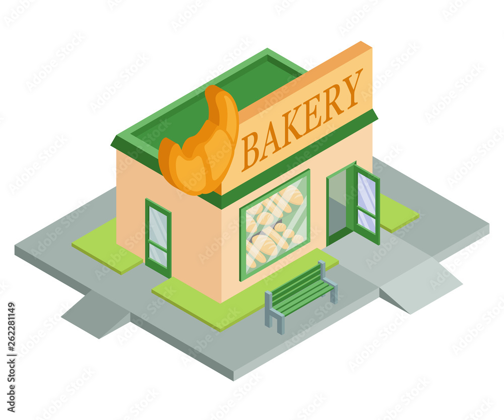 Vector isometric bakery shop. Facade of bakery shop isolated on white background. Bakery shop house. Bake bread. Bakery emblem. Vector graphics to design