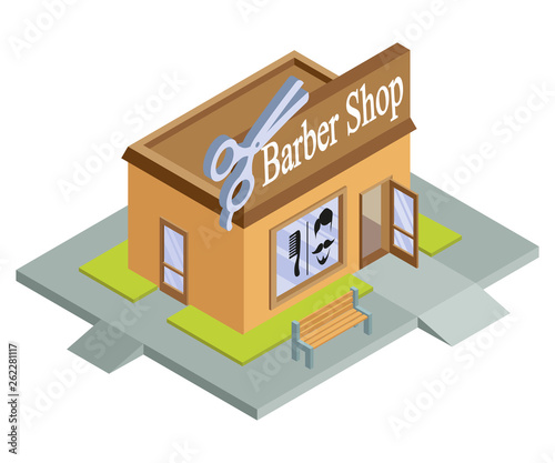 Vector isometric barbershop. Facade of barbershop isolated on white background. Barber house. Cuts hair building. Barbershop emblem. Vector graphics to design