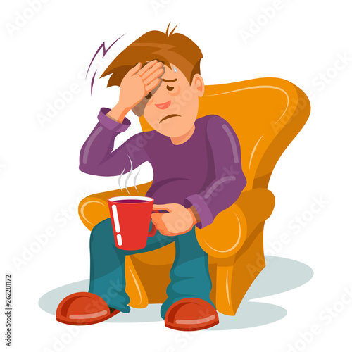 Flu sickness. Sick person having cold. Ill man headache. Medicine for the disease. Flu illness person. Сartoon sick man. Vector graphics to design