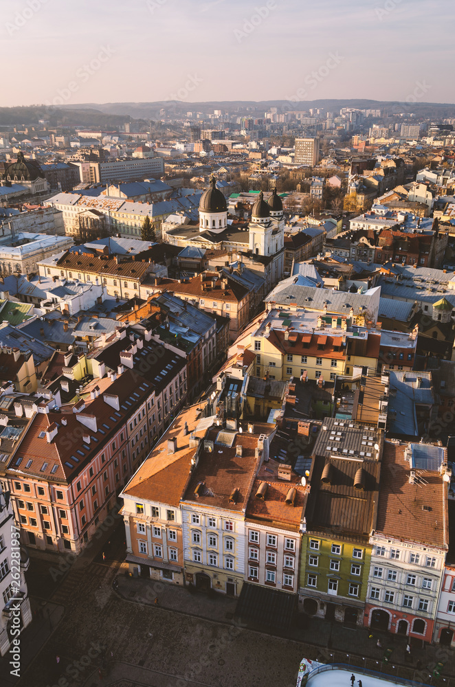 Top view of the roof of an old European city - Lviv.