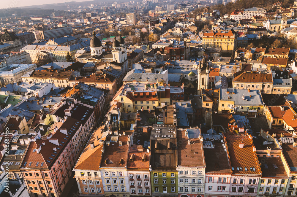 Top view of the roof of an old European city - Lviv.