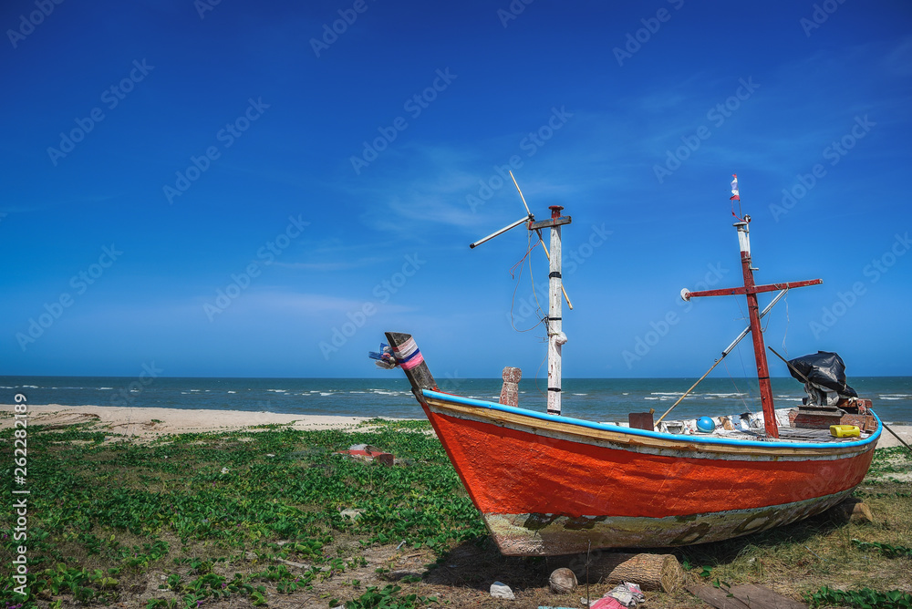 Fishing boats stay at the beautiful sky in Hua Hin, Thailand.