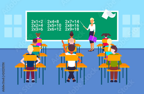 female teacher pointing chalkboard pupils solving math problem during lesson education concept modern school classroom interior cartoon characters horizontal flat vector illustration