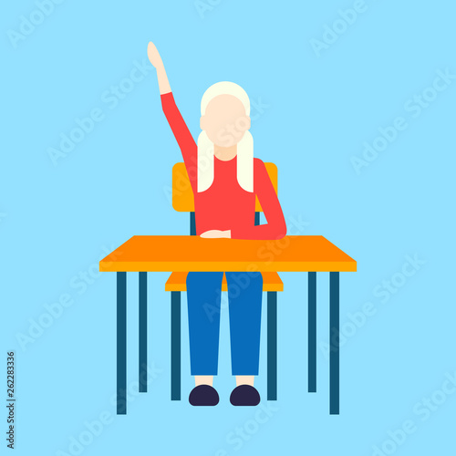 schoolgirl sitting desk female pupil raising hand during lesson education concept elementary school full length flat blue background