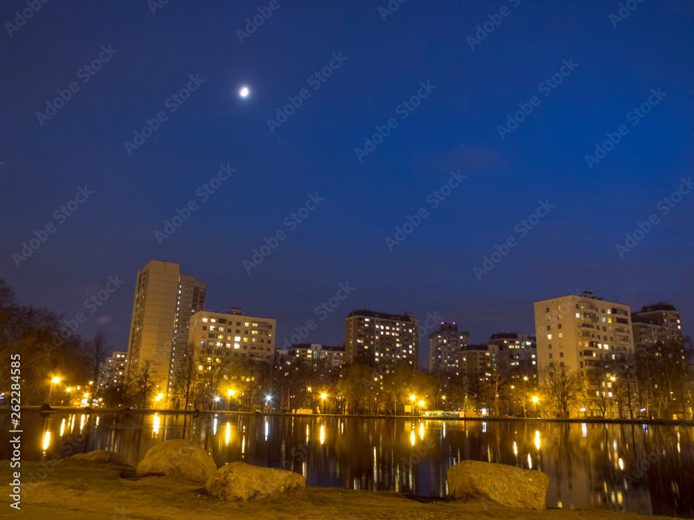 Pond in a city park at night