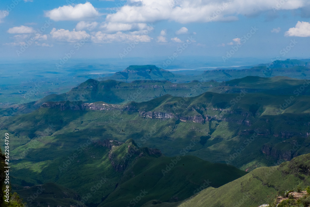 Landscape view over green mountains with  clouds, South Africa, Africa
