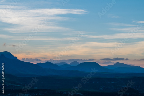 Landscape sunset view endless mountains and clouds, South Africa, Africa