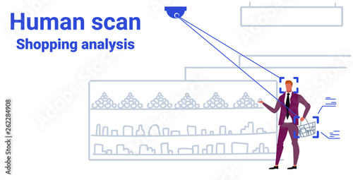 grocery shop business man customer identification facial recognition concept guy choosing fruits supermarket interior security camera surveillance cctv system sketch doodle horizontal