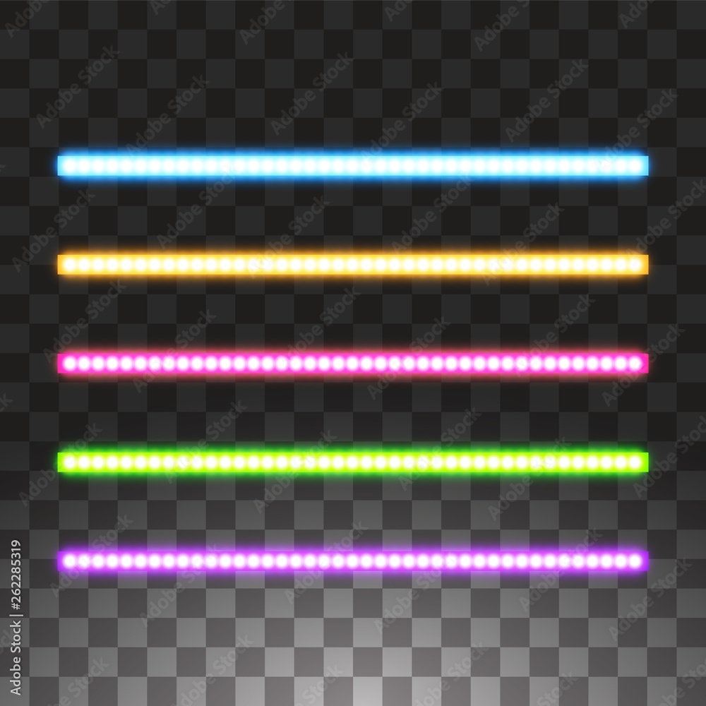 Shining led vector stripes, neon illumination on transparent background, set of pink, yellow, purple, blue, green glowing decorative tapes of diode ecological lamps light effect for banners, web-sites