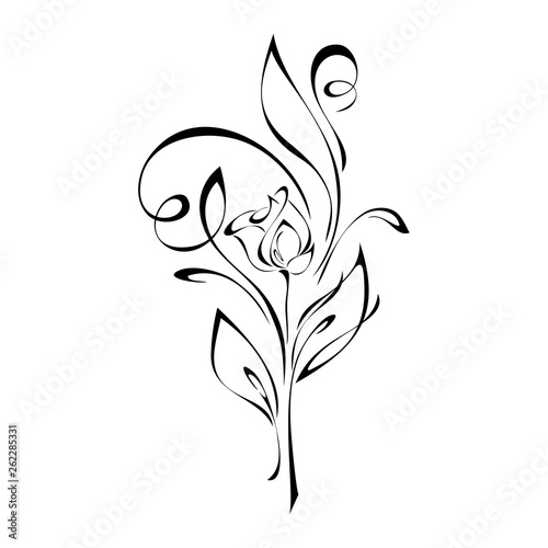 stylized rose flower Bud on the stem with leaves and curls