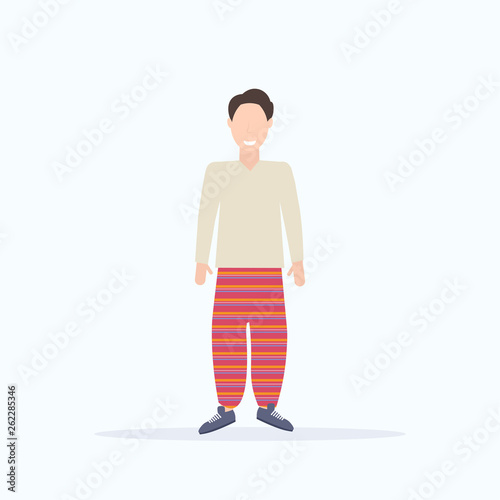 happy casual man standing pose smiling guy wearing trendy clothes male cartoon character full length flat white background