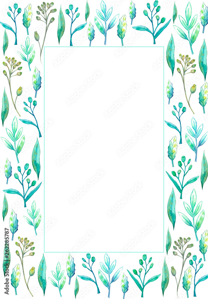 Watercolor painted vertical rectangular frame with herbs. Botanical ...