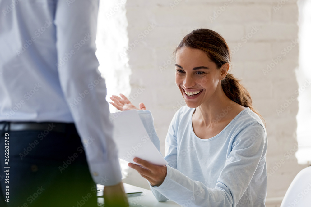 Fototapeta premium Happy woman get promotion notification from boss