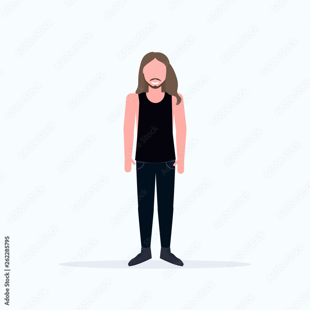 happy long haired man standing pose smiling guy wearing trendy clothes male cartoon character full length flat white background happy long haired man standing pose smiling guy wearing trendy clothes male cartoon character full length flat white background