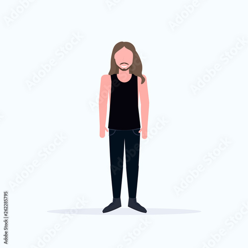 happy long haired man standing pose smiling guy wearing trendy clothes male cartoon character full length flat white background