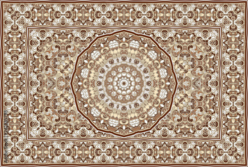 Vintage Arabic pattern. Persian colored carpet. Rich ornament for fabric design, handmade, interior decoration, textiles. Brown background.