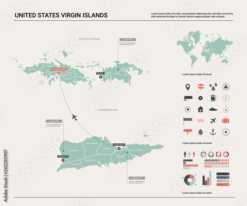 Vector map of United States Virgin Islands. High detailed country map with division, cities and capital Charlotte Amalie. Political map, world map, infographic elements.