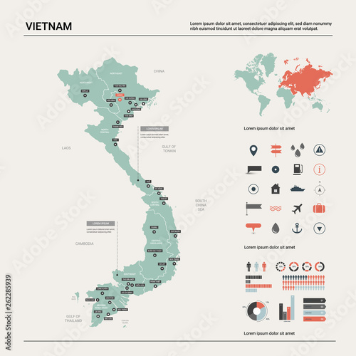 Vector map of Vietnam. High detailed country map with division, cities and capital Hanoi. Political map, world map, infographic elements.