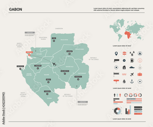 Vector map of Gabon. High detailed country map with division, cities and capital Libreville. Political map, world map, infographic elements.