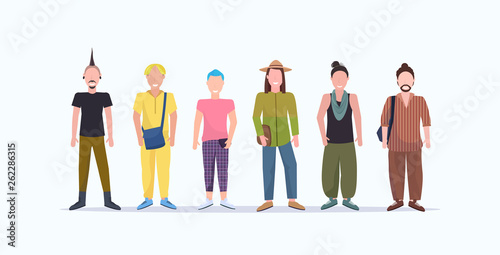 happy casual men standing together smiling guys with different hairstyles wearing trendy clothes male cartoon characters full length flat white background horizontal