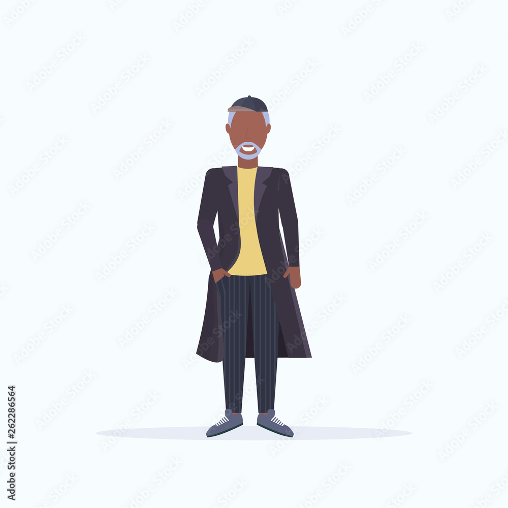 casual mature man standing pose smiling senior gray hair african american person wearing trendy clothes male cartoon character full length flat white background