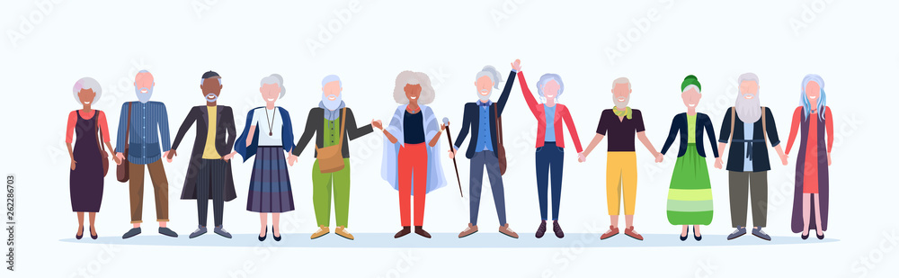 casual mature men women standing together smiling senior gray haired mix race people wearing trendy clothes male female cartoon characters full length flat white background horizontal