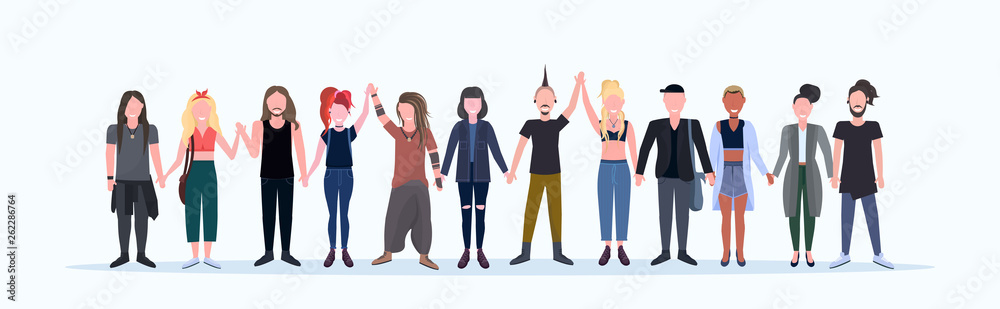 Obraz premium happy casual men women standing together smiling people with different hairstyles wearing trendy clothes male female cartoon characters full length flat white background horizontal