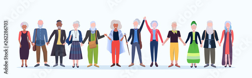 casual mature men women standing together smiling senior gray haired mix race people wearing trendy clothes male female cartoon characters full length flat white background horizontal