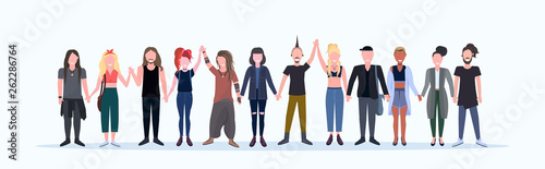 happy casual men women standing together smiling people with different hairstyles wearing trendy clothes male female cartoon characters full length flat white background horizontal