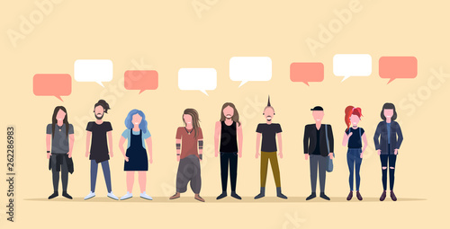 happy men women standing together chat bubble communication smiling people with different hairstyles male female cartoon characters full length flat horizontal
