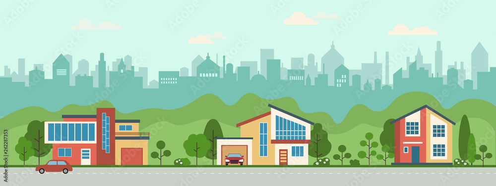 Suburban houses along the street. Set private houses in flat design style. Colorful residential houses and trees. 