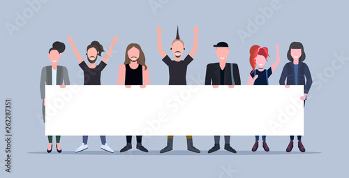 happy men women standing together holding empty placard sign board demonstration concept male female cartoon characters full length flat horizontal
