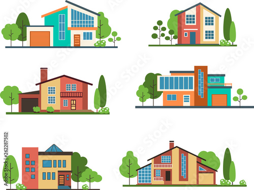 Set modern private houses in flat design style. Colorful residential houses and trees