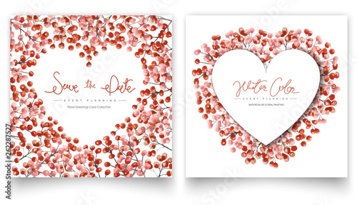 Set of red floral watercolor painting cards.