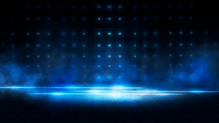 Dark empty stage, street, night smog and smoke, neon light. Dark background of the night city, ray of light in the dark. Concrete floor, dark wall. Blue neon. Light spotlights.