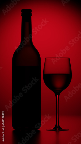 Elegant dark silhouettes of wine bottle and crystal glass with wine drink on red background 3d render