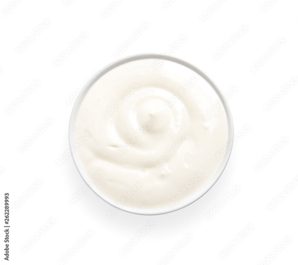 Bowl with creamy yogurt on white background, top view Bowl with creamy yogurt on white background, top view