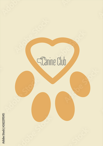 logo with the image of a stylezed dog paw in the form of  a heart and the text associated with the image  of a dog's head for a dog production compani or a dog food photo