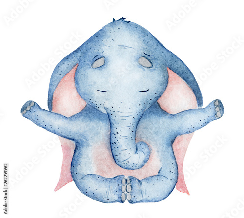 Watercolor yoga elephants in lotus position cute animal illustration © EvgeniiasArt