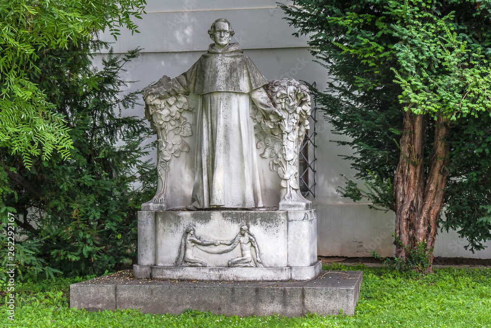 Statue of Gregor Mendel in the garden at the Mendelianum, the Mendel
