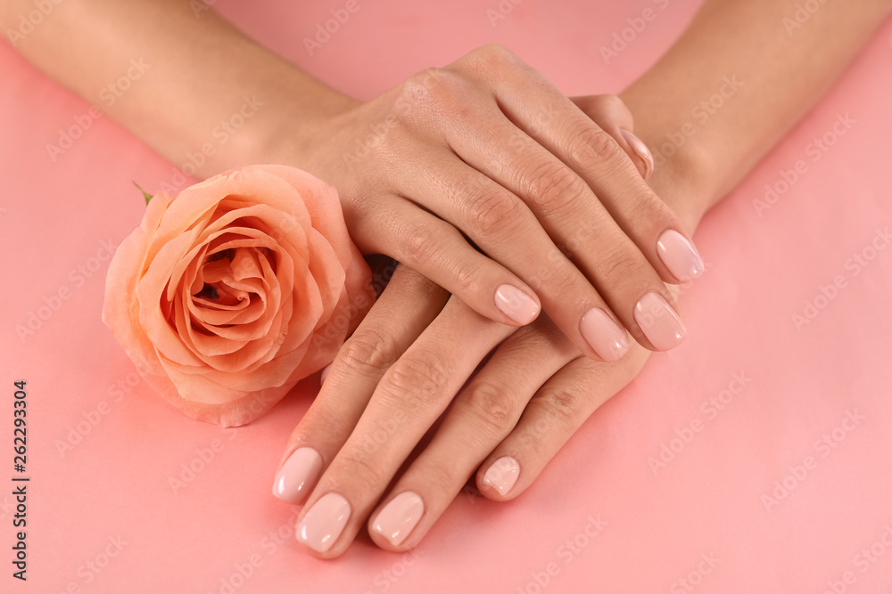 Closeup view of woman with rose on color background. Spa treatment Closeup view of woman with rose on color background. Spa treatment