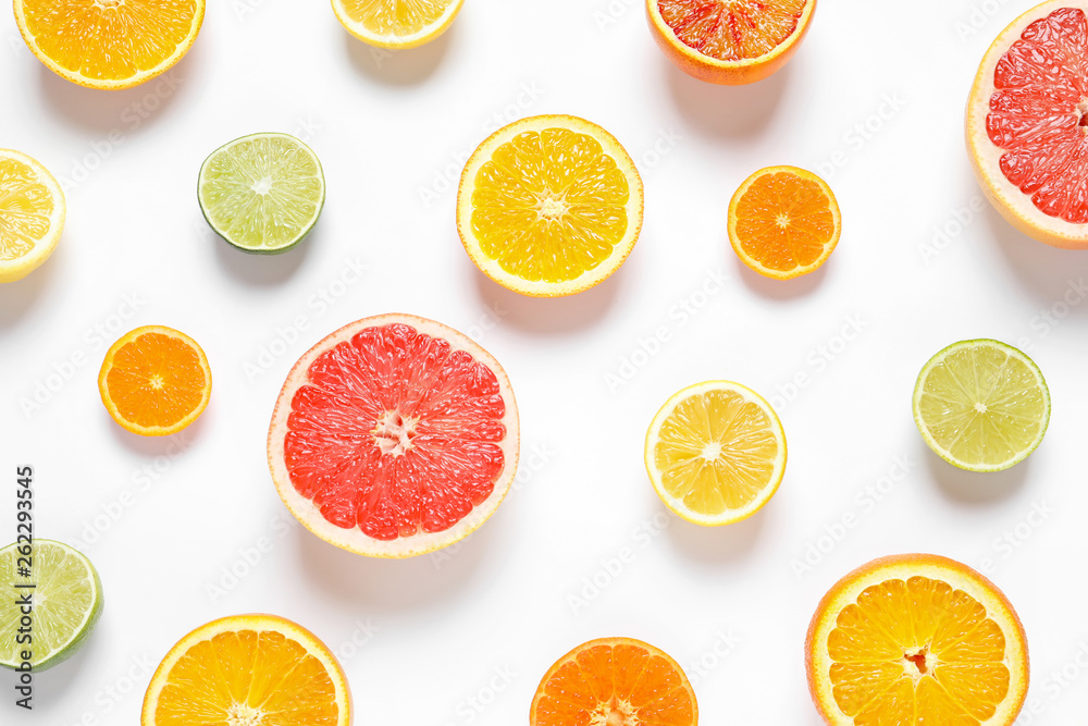 Flat lay composition with different citrus fruits on white background Flat lay composition with different citrus fruits on white background