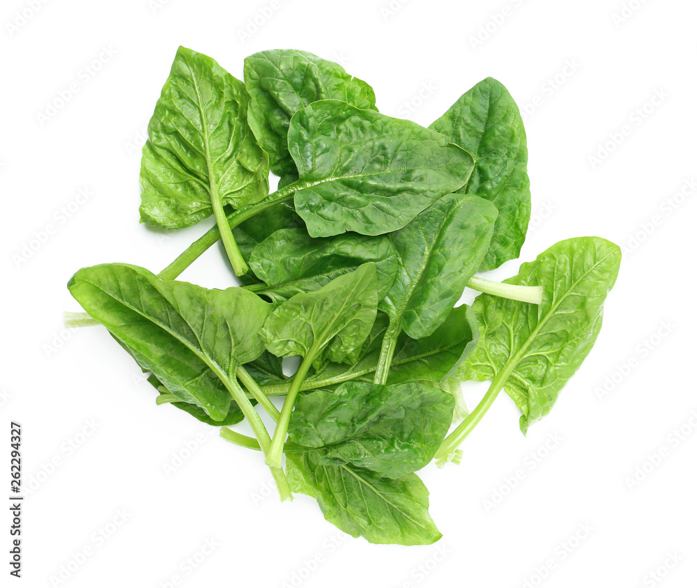 Pile of fresh spinach leaves isolated on white, top view Pile of fresh spinach leaves isolated on white, top view