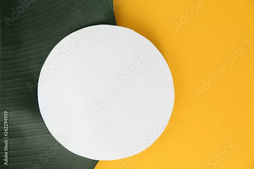 Obraz Mieszkanie świeckich skład z zielonych liści bananów i miejsca na tekst na kolor tła. Tropikalne liście