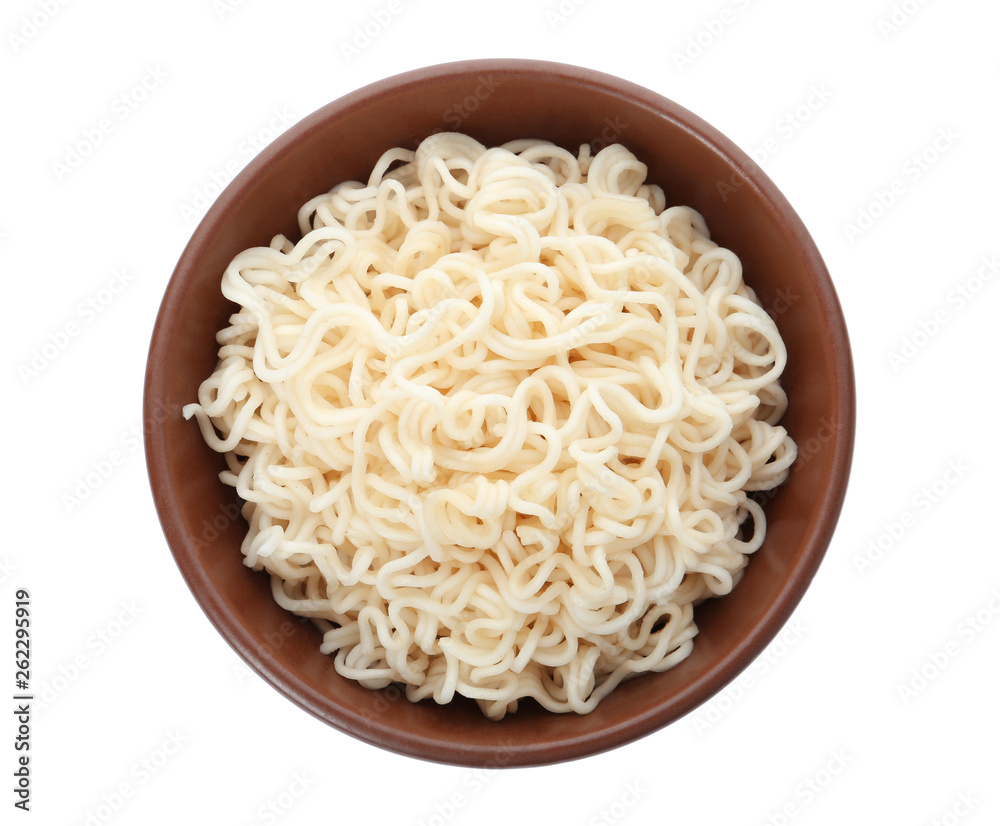Tasty instant noodles in bowl isolated on white, top view Tasty instant noodles in bowl isolated on white, top view