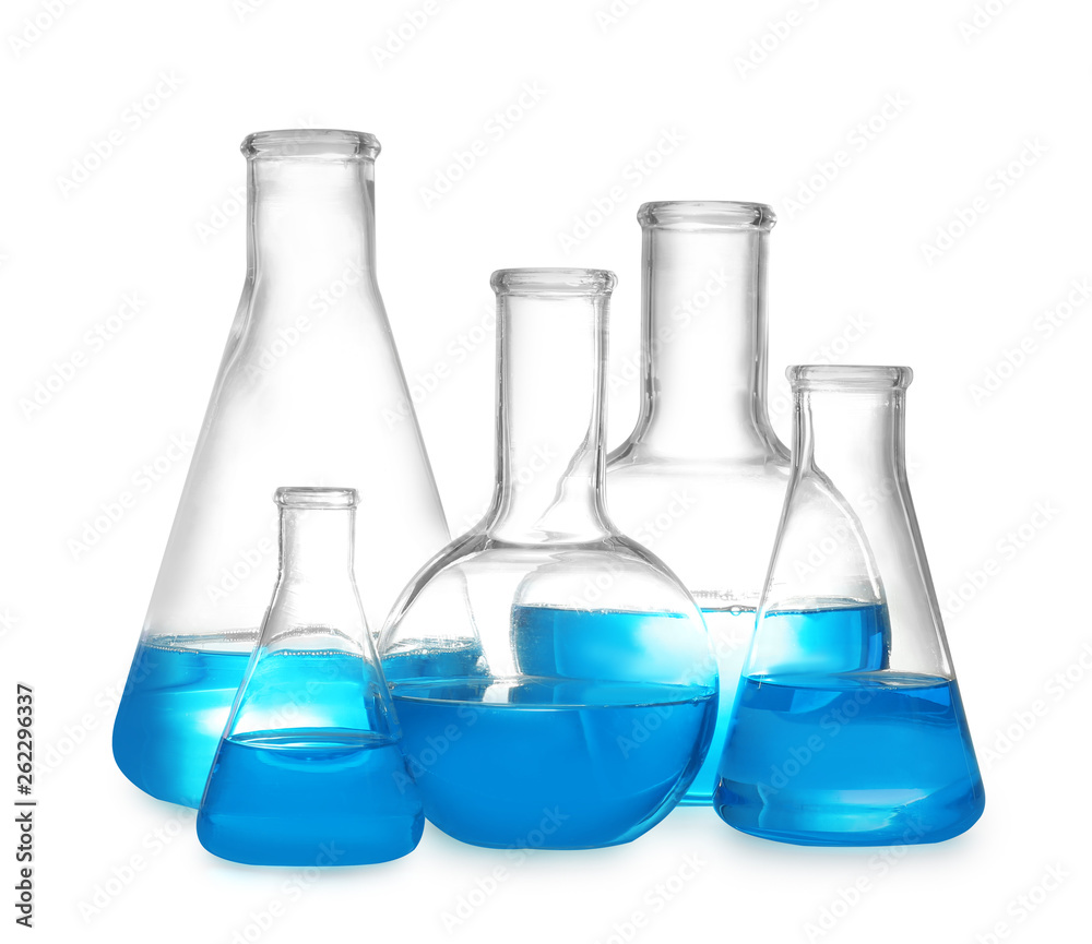 Laboratory glassware with liquid on white background. Solution chemistry
