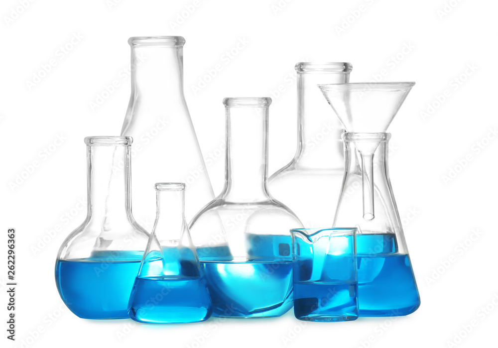 Laboratory glassware with liquid on white background. Solution chemistry Laboratory glassware with liquid on white background. Solution chemistry