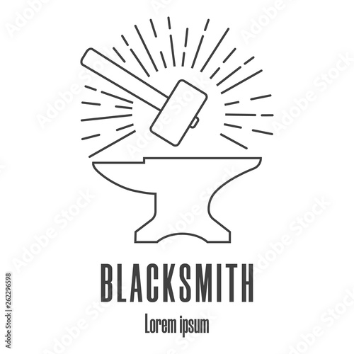 Line style icon of a hammer and anvil. Blacksmith, repair logo. Clean and modern vector illustration.