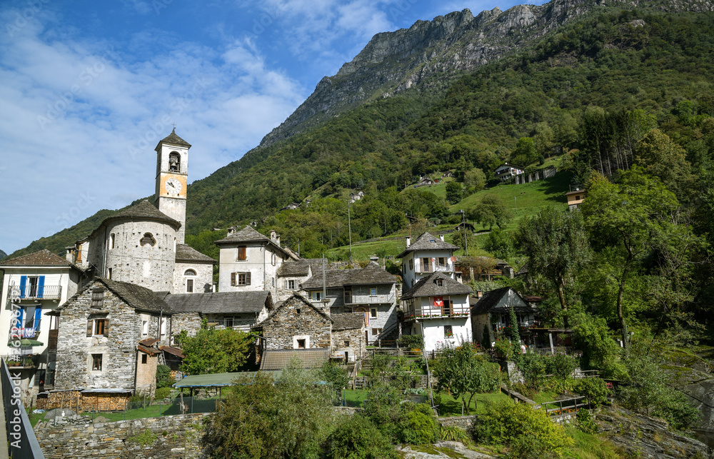 Beautiful village of Lavertezzo in Verzasca vally in canton of Ticino,