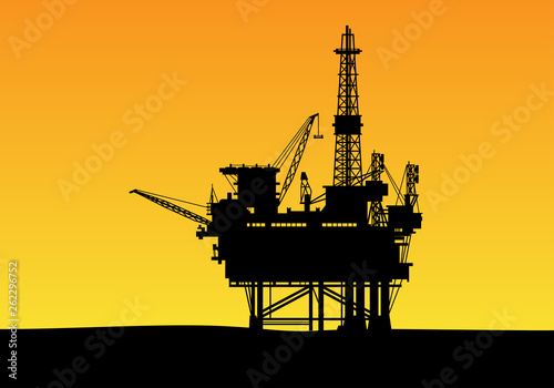 illustrated silhouette of an offshore oil drilling construction with high towers and crane